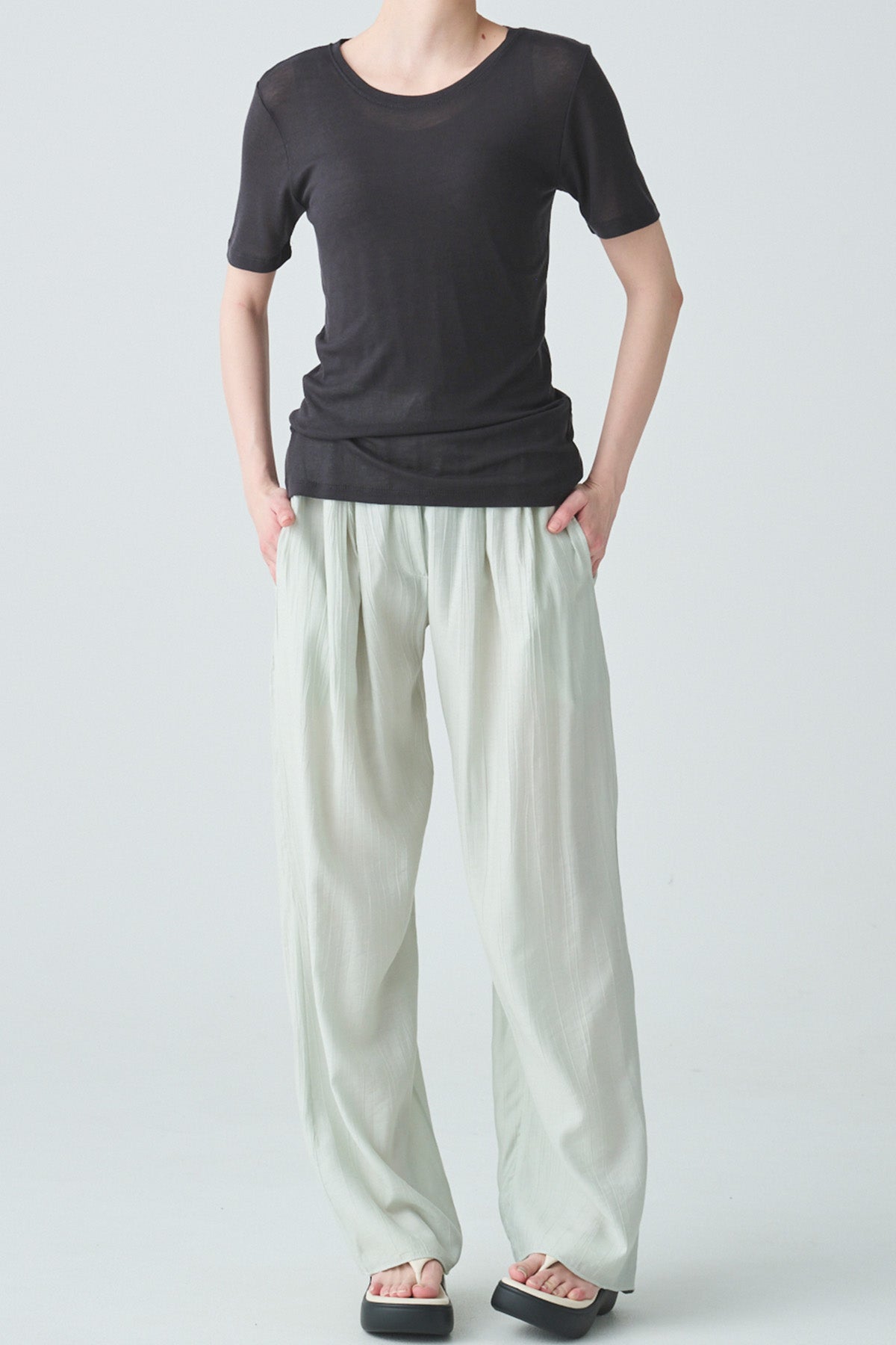 ishi ドロスト付ソフトワッシャーセミワイドパンツ