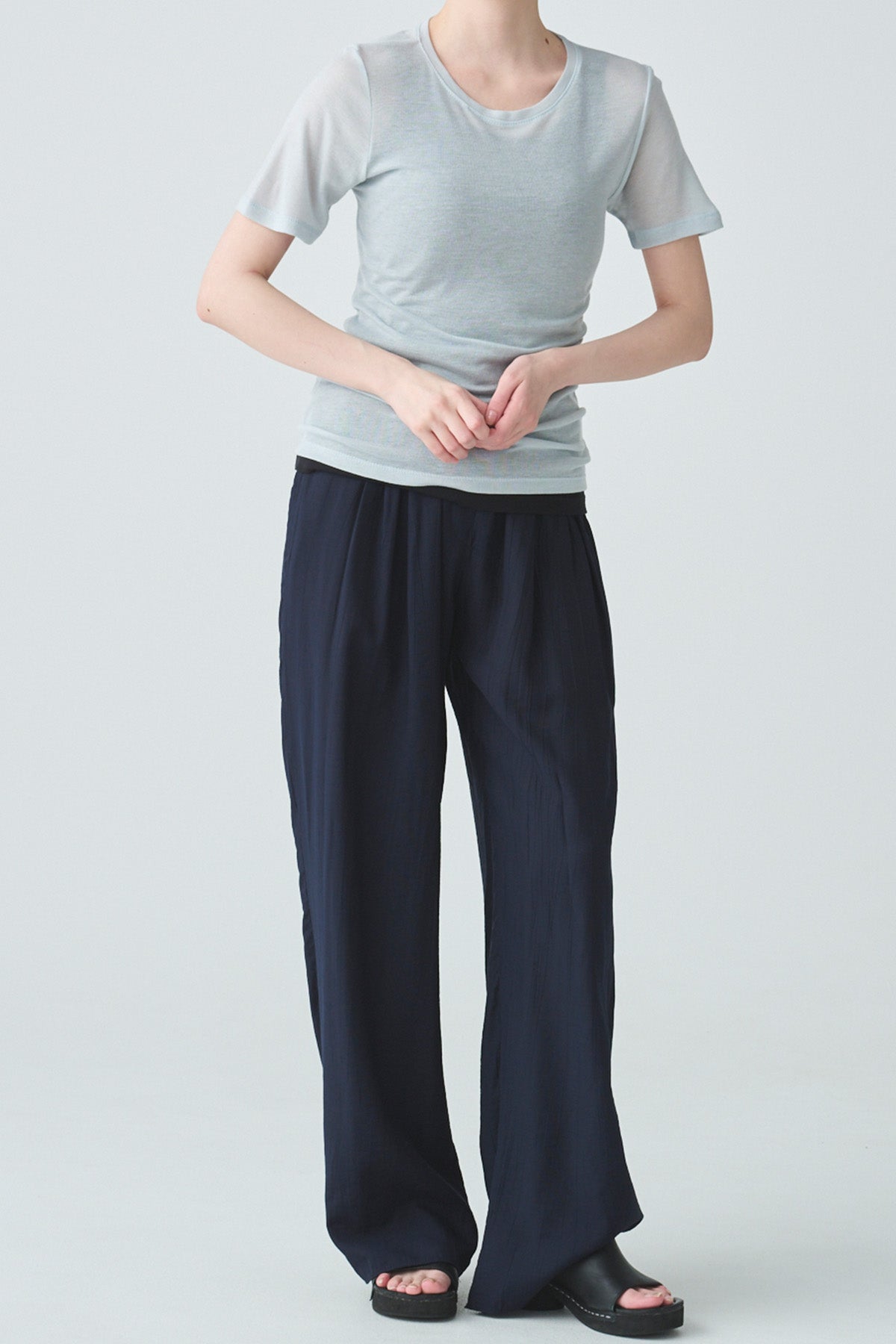 ishi ドロスト付ソフトワッシャーセミワイドパンツ