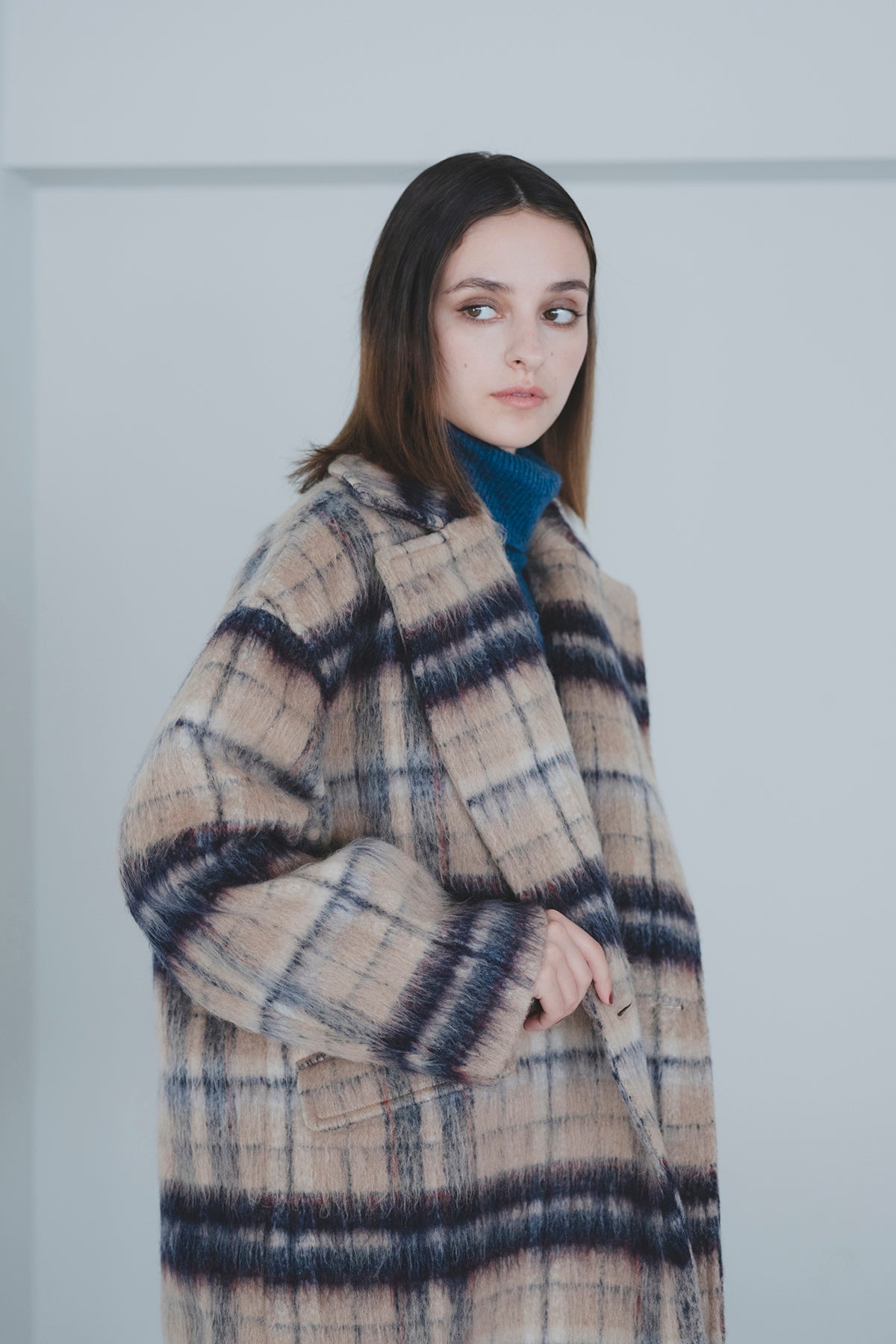 チェック柄シャギーコート