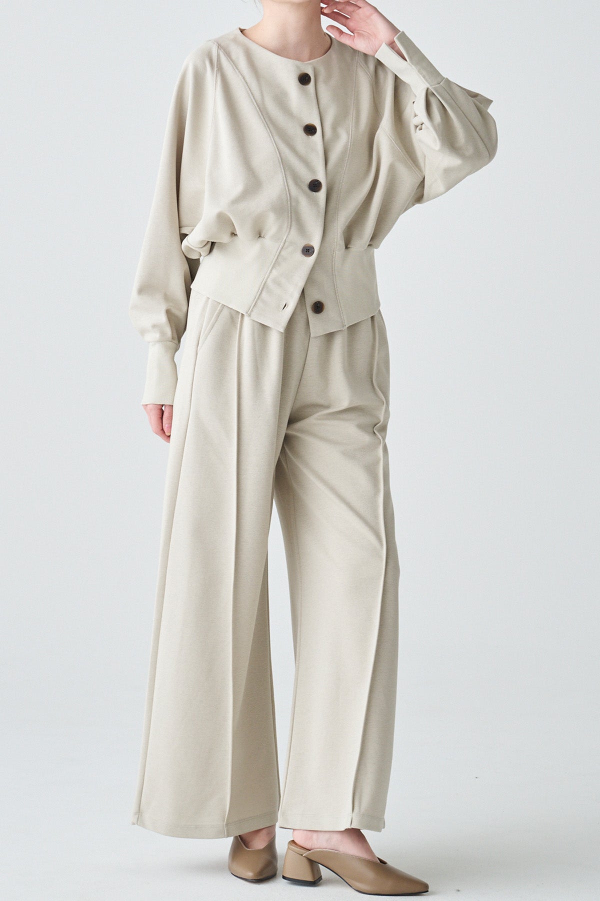 2WAYリブアクセントトップス＆センターシームワイドパンツセットアップ