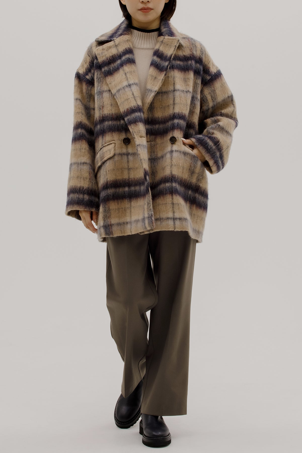 チェック柄シャギーコート